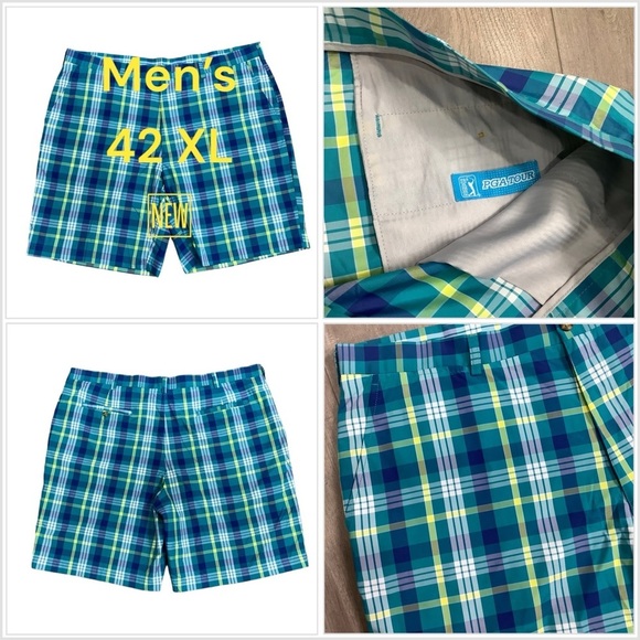Men's PGA Tour 42 XL Chino Khakis Shorts Golf Plaid Teal Flat Front Lightweight - Picture 1 of 8